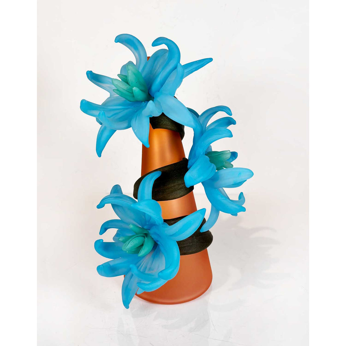 Sprig Vase Aqua with Blue Daisies - Petroff Gallery - Glass Art
