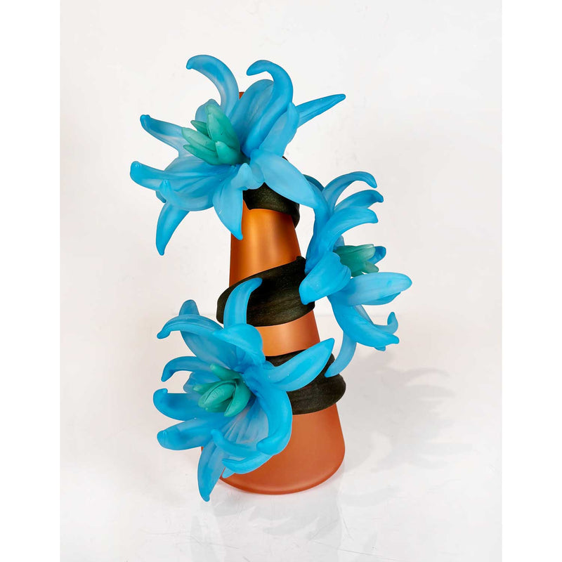 Sprig Vase Aqua with Blue Daisies - Petroff Gallery - Glass Art