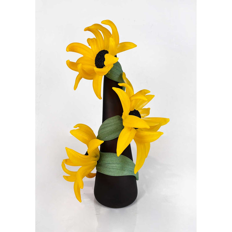 Medium Sprig Vase Grey with Yellow Daisies - Petroff Gallery - Glass Art