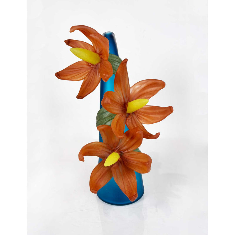 Medium Sprig Vase Aqua with Salmon Lilies - Petroff Gallery - Glass Art