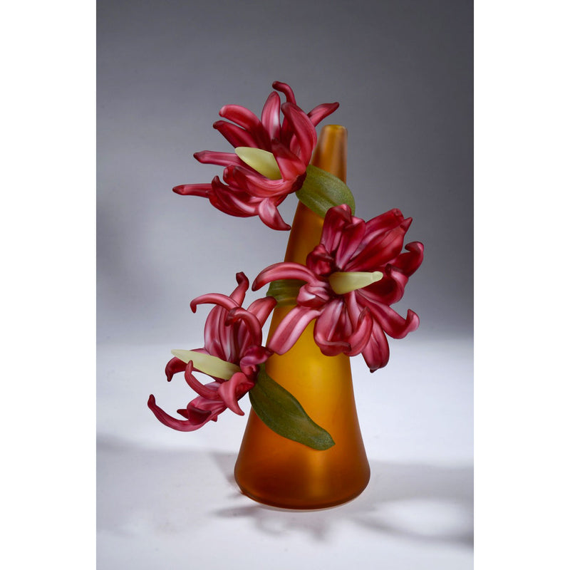 Large Sprig Vase Gold with Pink Daisies - Petroff Gallery - Glass Art