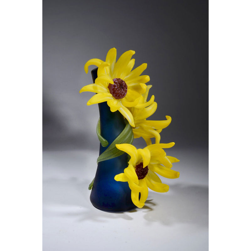 Medium Sprig Vase Steel Blue with Sunflowers - Petroff Gallery - Glass art