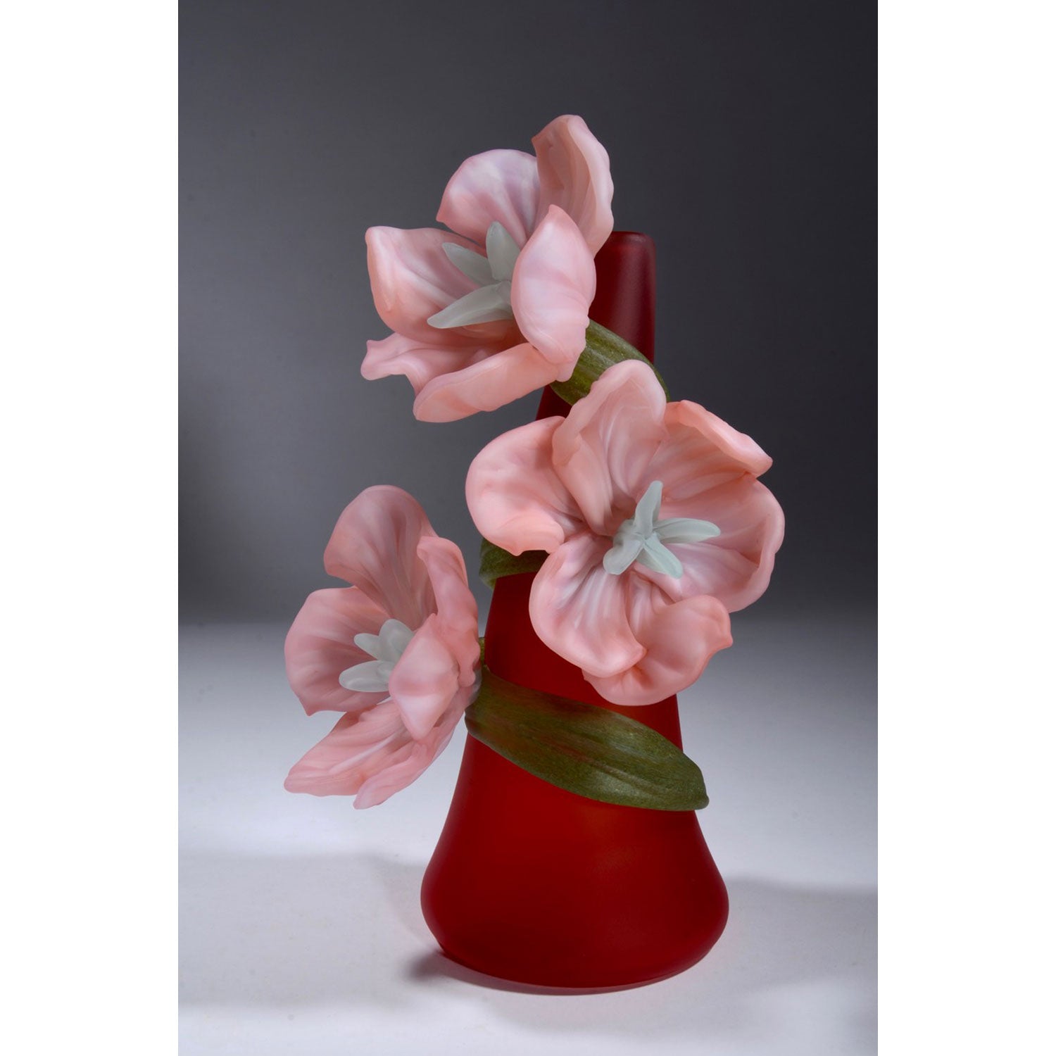 Medium Sprig Vase Red with Pink Flowers - Petroff Gallery - Glass Art
