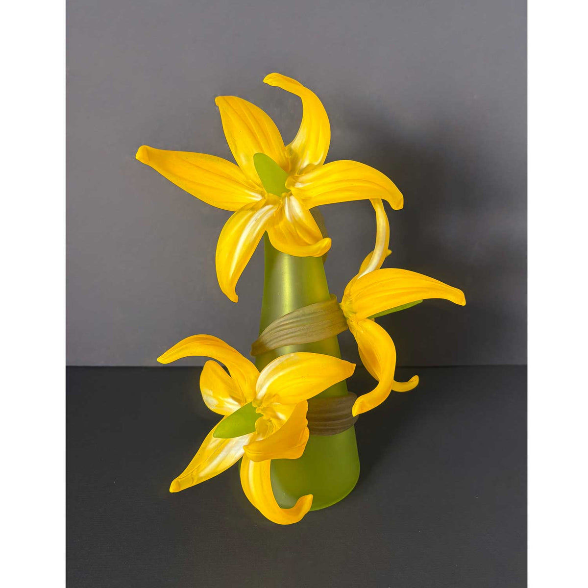 Large Sprig Vase Lime with Yellow Flowers - Petroff Gallery - Glass Art