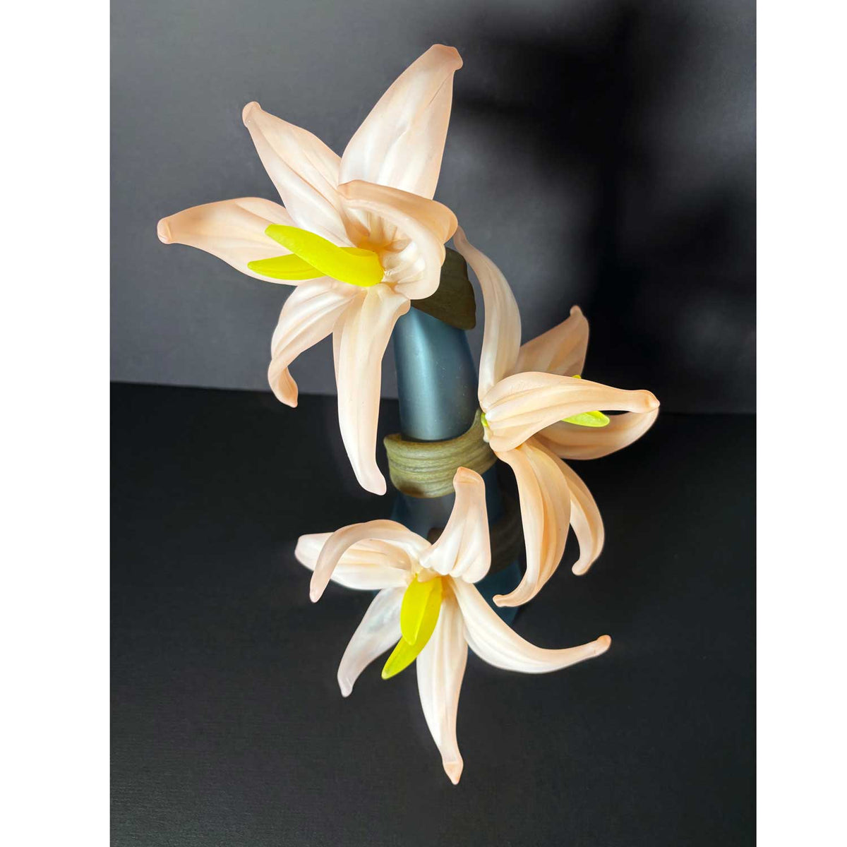 Large Sprig Vase Steel Blue with Pink Flowers - Petroff Gallery - Glass Art