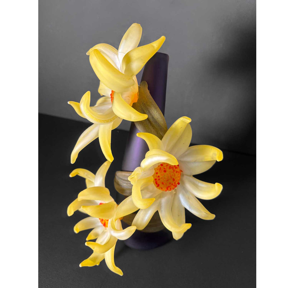 Large Sprig Vase Purple with Yellow Flowers - Petroff Gallery - Glass Art