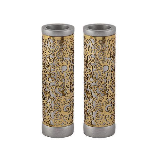 Silver Round Candlesticks with Gold Metal Cutout - Petroff Gallery - Judaica