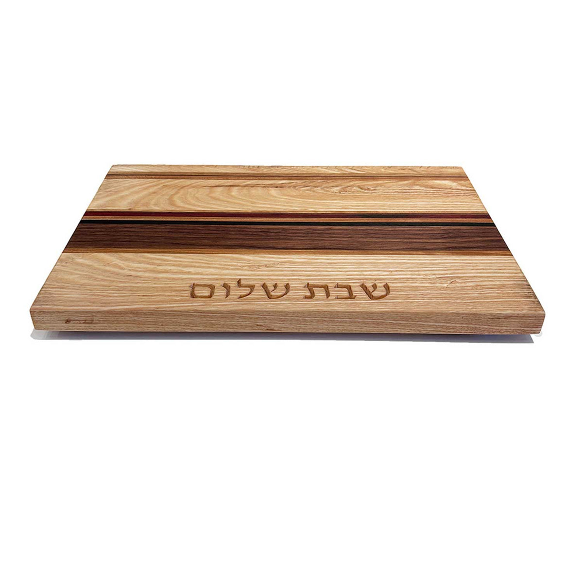 Small Ash Stripe Board with Shabbat Shalom Side View - Petroff Gallery - Judaica 