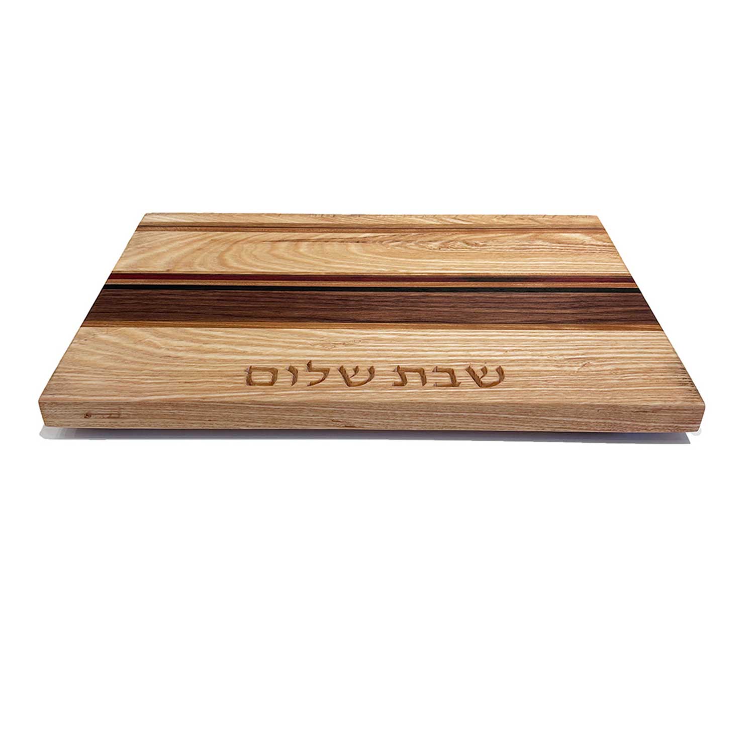 Small Ash Stripe Board with Shabbat Shalom Side View - Petroff Gallery - Judaica 