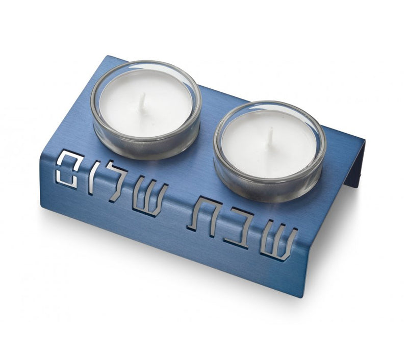 Shabbat Shalom Candlesticks - Blue - Petroff Gallery -  - Adi Sidler - Shabbat Shalom Candlesticks Blue, 2" x 4.75" x 2.5"