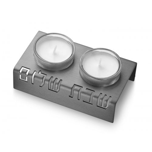 Shabbat Shalom Candlesticks - Grey - Petroff Gallery -  - Adi Sidler - Shabbat Shalom Candlesticks, 2" x 4.75" x 2.5"