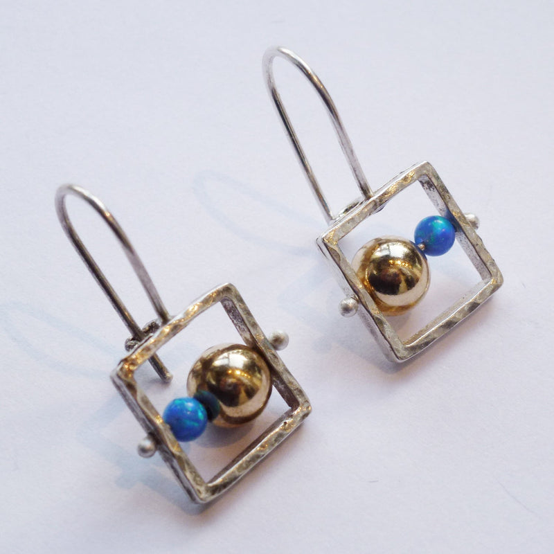 Short Square  Earrings with Blue and Gold Beads - Petroff Gallery