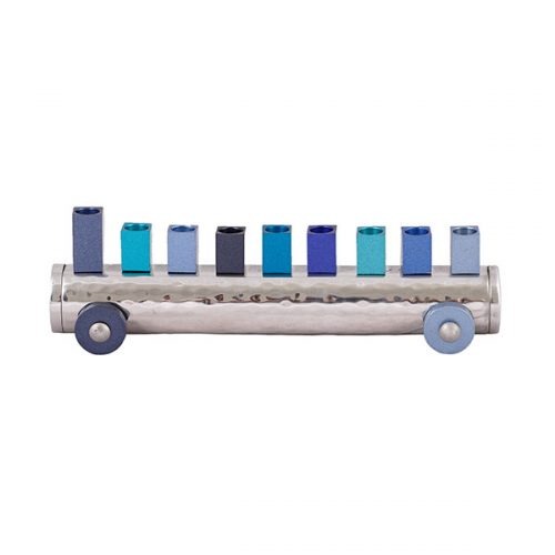 Small Train Menorah Blue - Petroff Gallery - Judaica