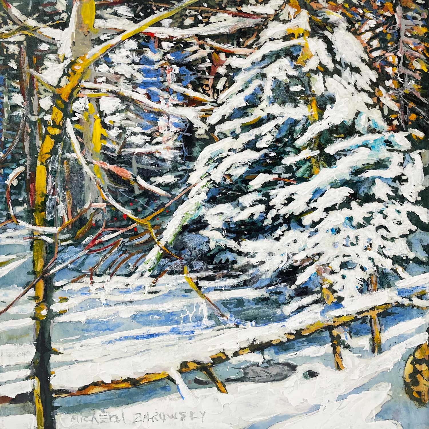 Snow Covered Pine At the Edge of A Frozen Lake 12" x 12" - Petroff Gallery -  - Micheal Zarowsky - Snow Covered Pine At the Edge of A Frozen Lake, 12" x 12"