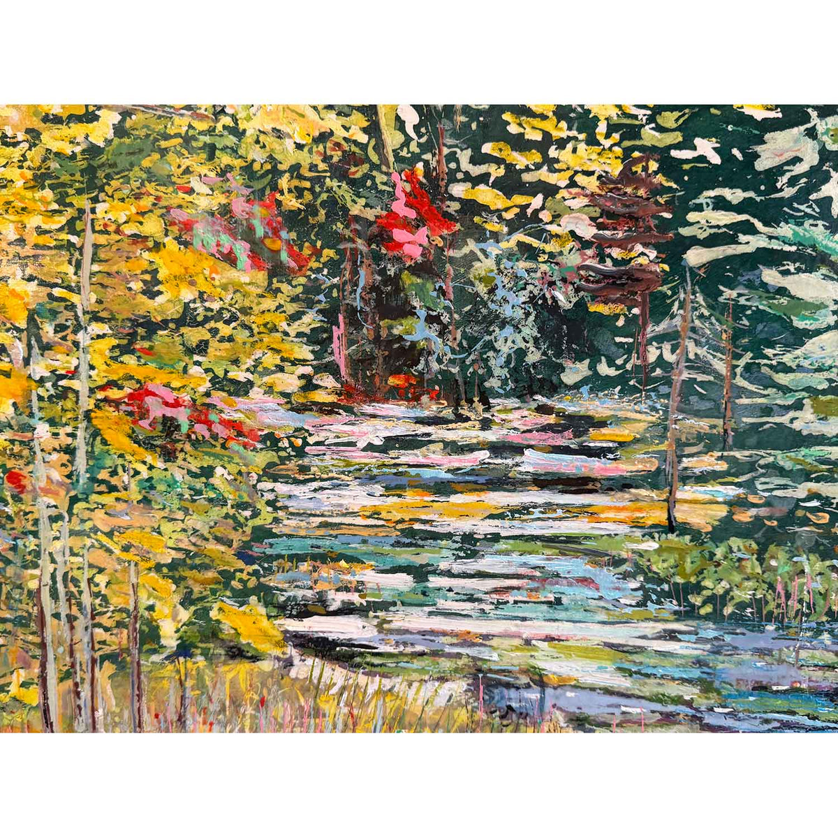 Stream Running Through September 22" x 38" Detail View - Petroff Gallery - Painting
