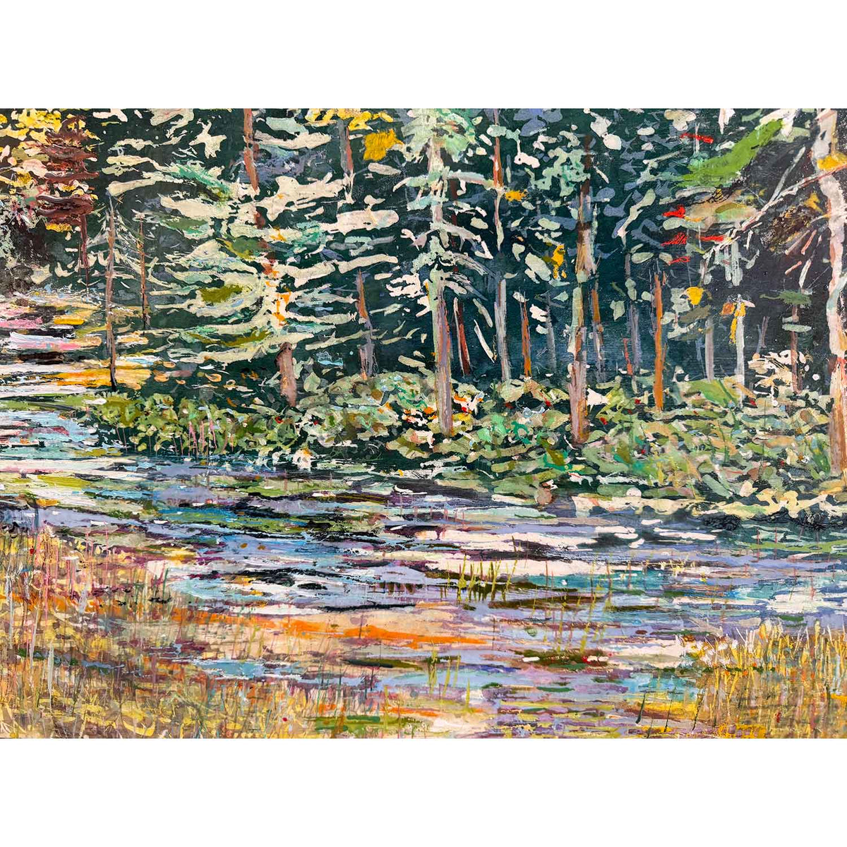 Stream Running Through September 22" x 38" Detail View - Petroff Gallery - Painting