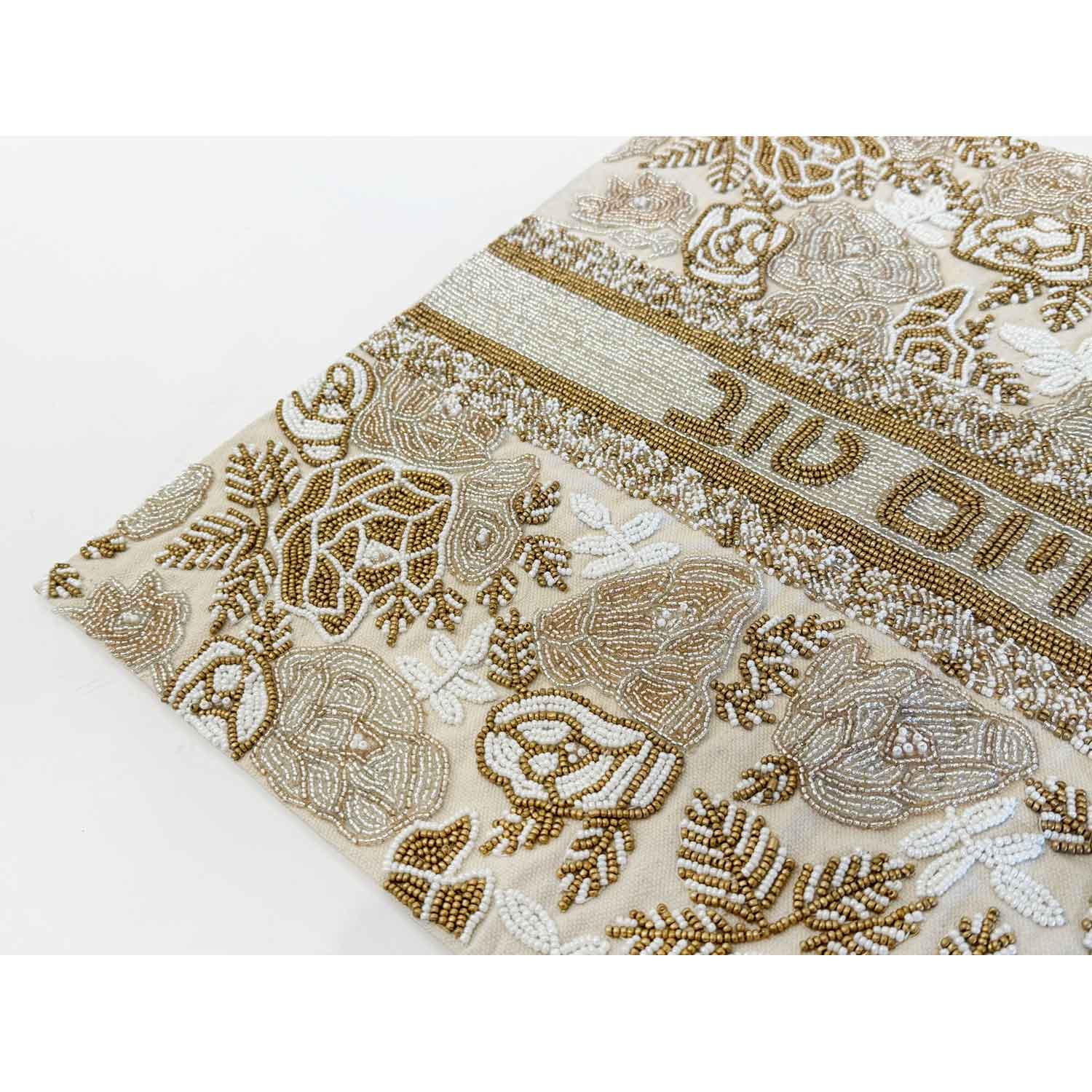 Challah Cover Beige and White Roses Detail View - Petroff Gallery - Judaica