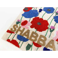 Challah Cover Blue and Red Flowers Shabbat Shalom Detail View - Petroff Gallery - Judaica