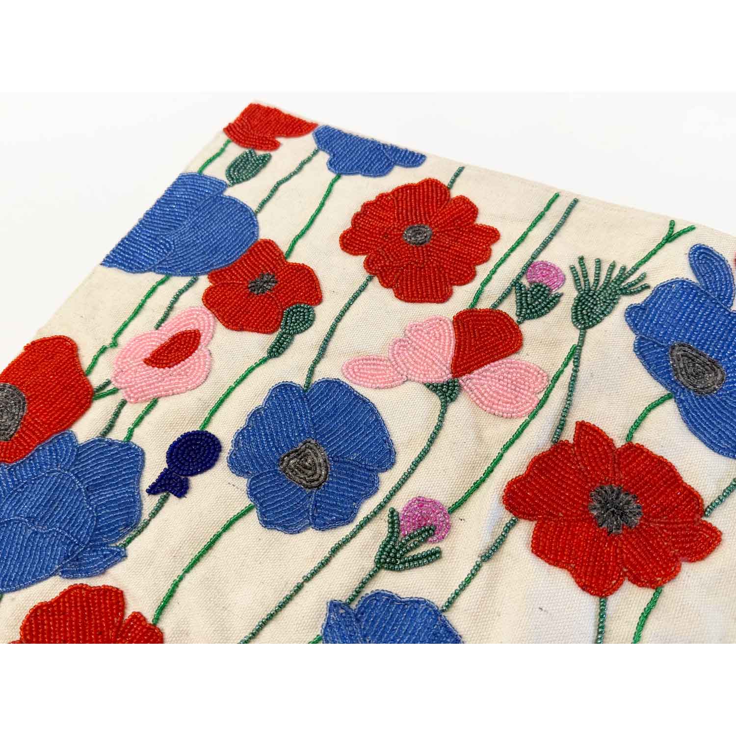Challah Cover Blue and Red Flowers Shabbat Shalom Detail View - Petroff Gallery - Judaica