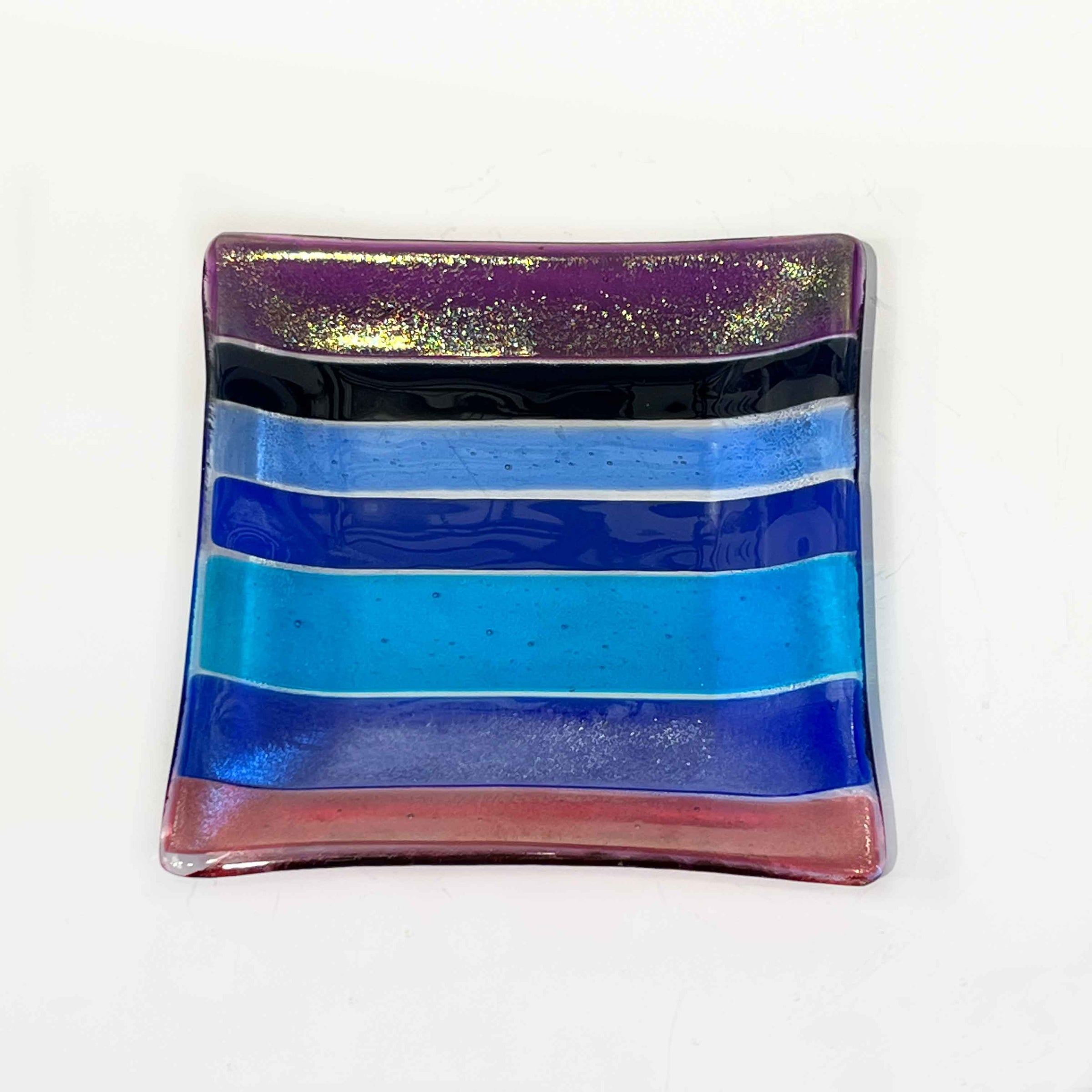 7" Square Plate blue stripes 3 - Petroff Gallery - Glass art