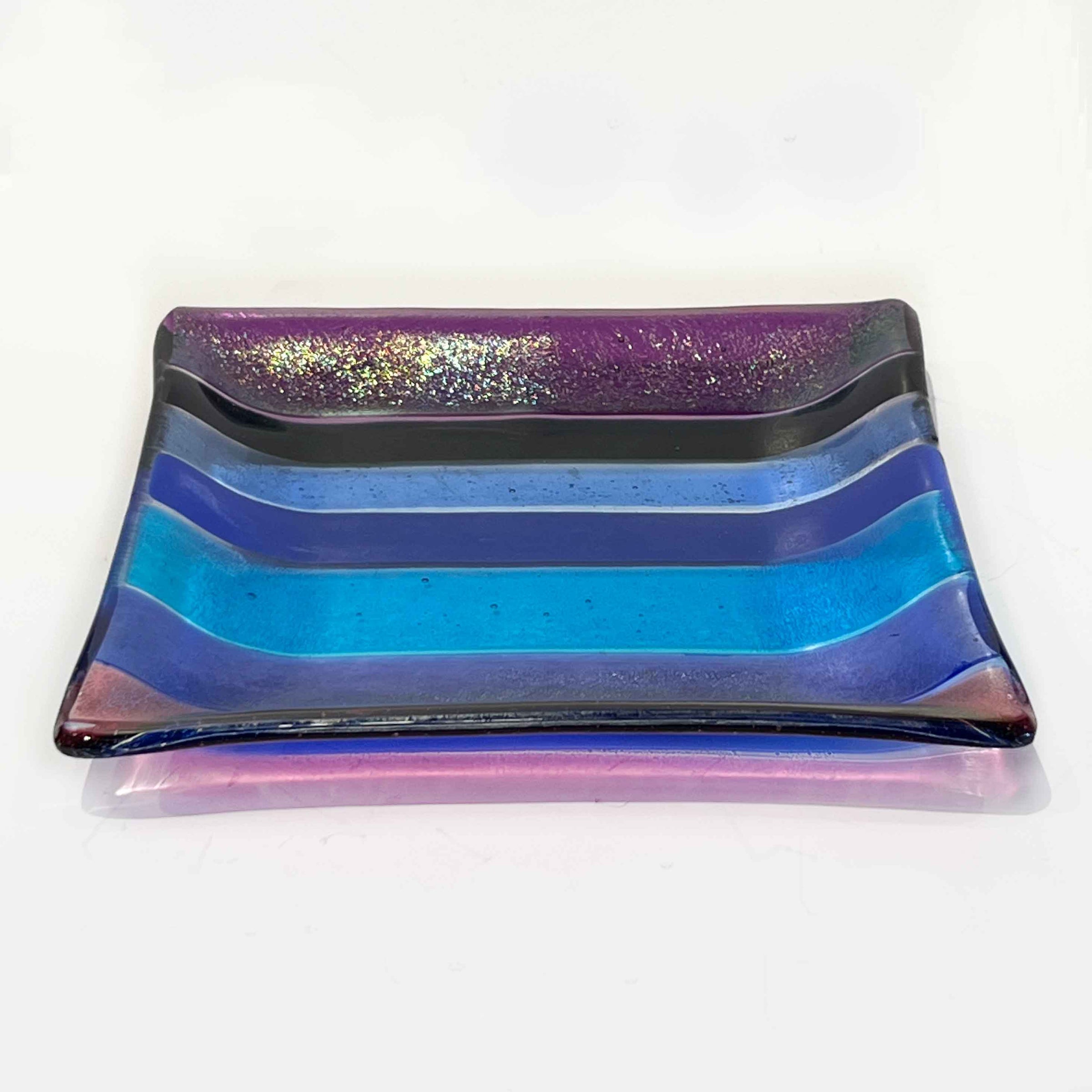 7" Square Plate blue stripes 3 - Petroff Gallery - Glass art