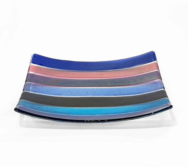 10" Square Plate Blue Stripes 2 - Petroff Gallery - Glass Art