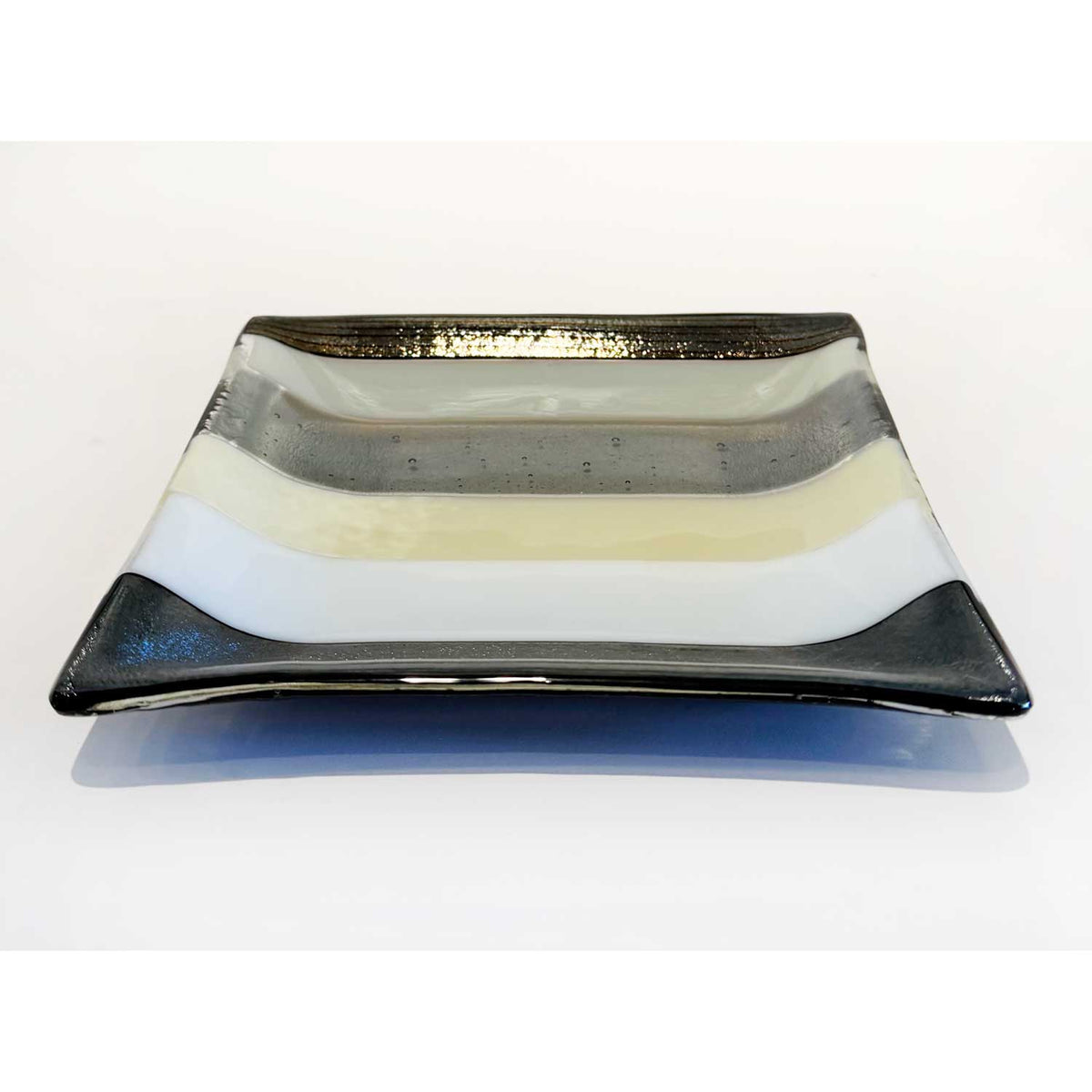 7" Square Plate Black White Stripes 2 Side View - Petroff Gallery - Glass Art