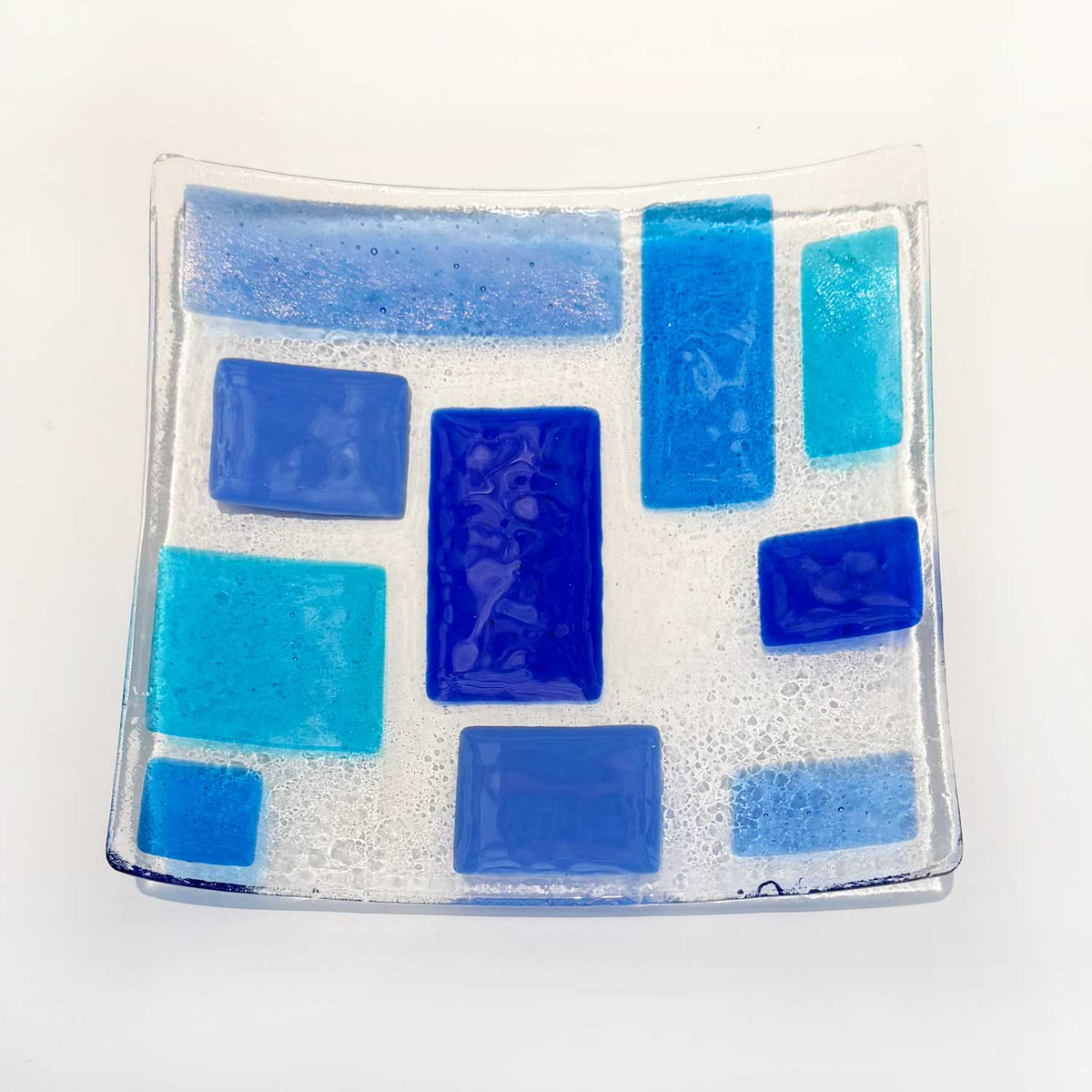 10" Curved Plate Blue Squares Top View - Petroff Gallery - Glass Art