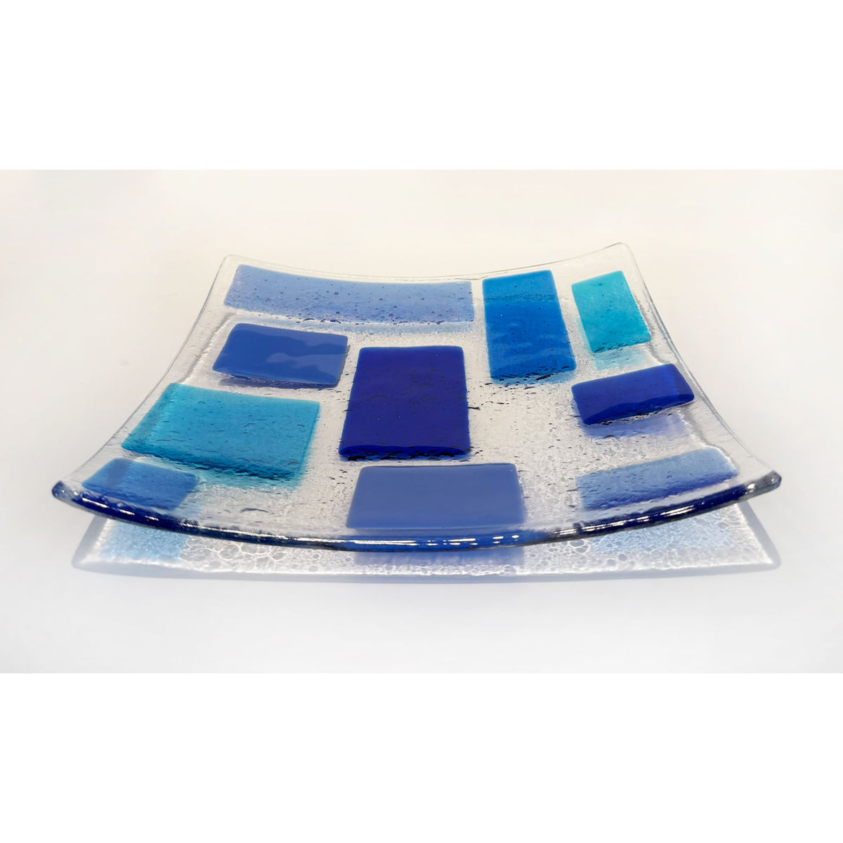 10" Curved Plate Blue Squares - Petroff Gallery - Glass Art