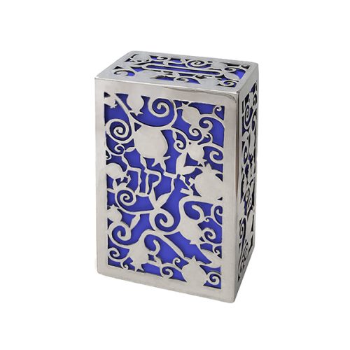 Tzedakah Box Pomegranate Metal Cutout Blue - Petroff Gallery - Judaica