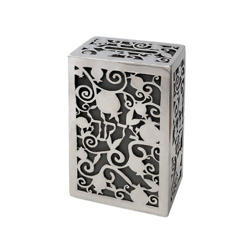 Tzedakah Box Pomegranate Metal Cutout Grey