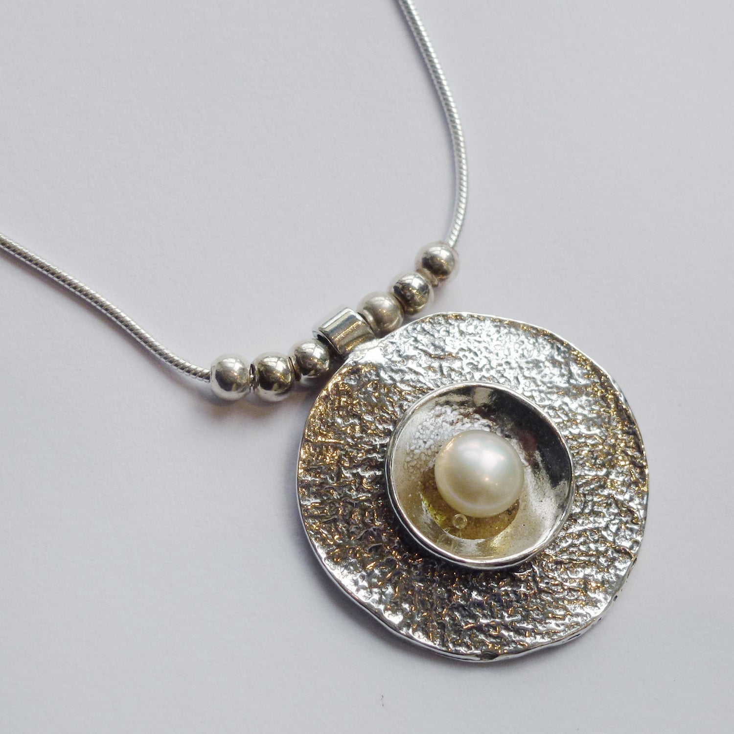 Textured Circle Necklace with Pearl - Petroff Gallery