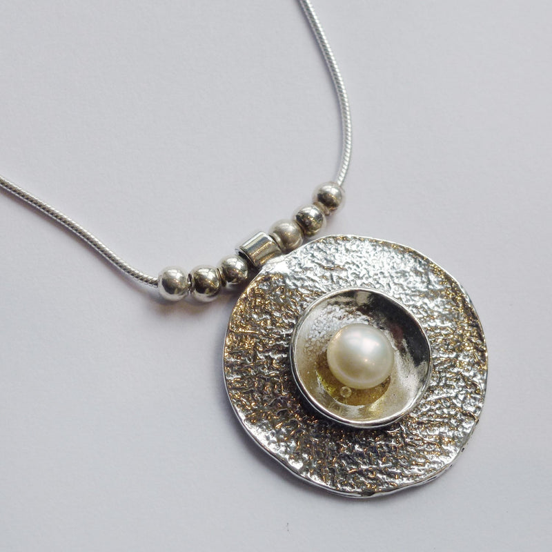 Textured Circle Necklace with Pearl - Petroff Gallery