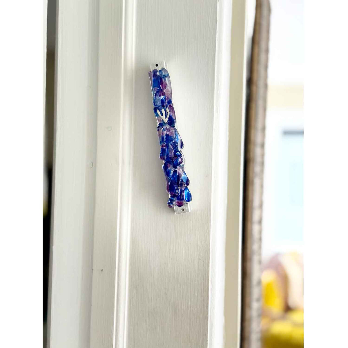 Upright Pebbles Wedding Glass Mezuzah on door - Petroff Gallery