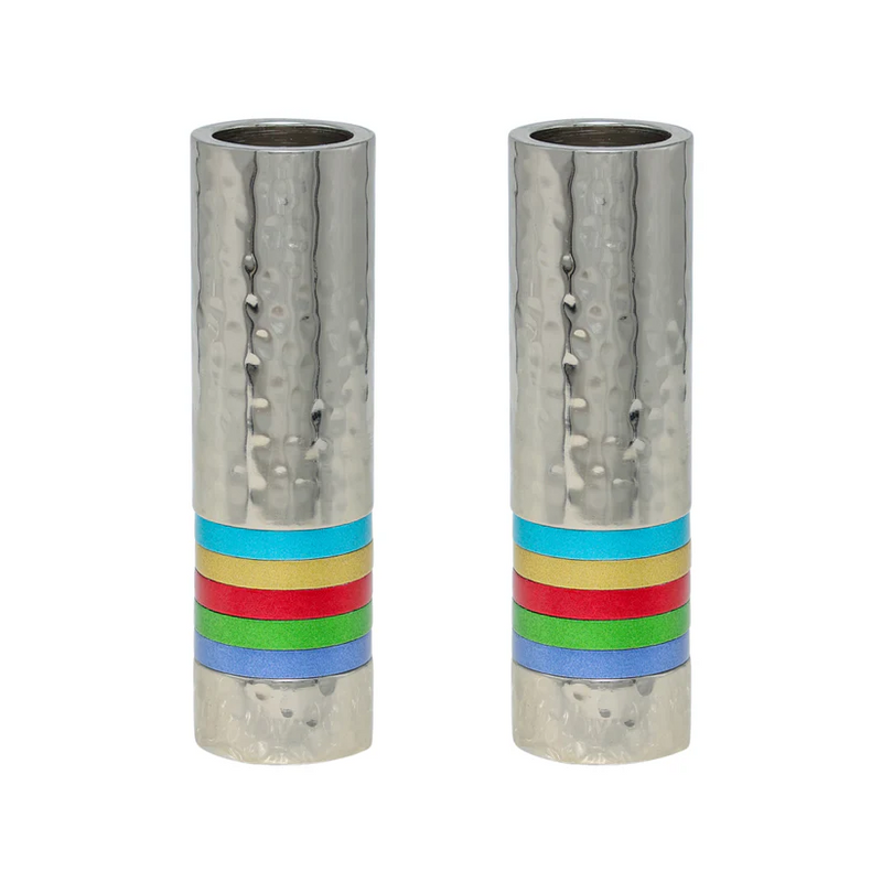 Candlesticks Multicolour Rings Hammer Work - Petroff Gallery - Judaica