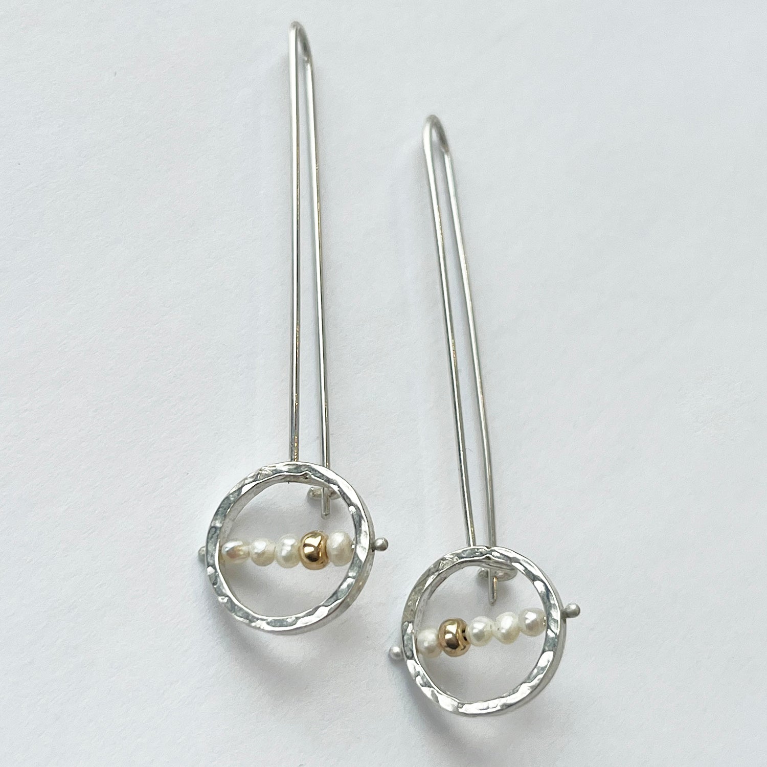 Long silver circle pearl earrings - Petroff Gallery