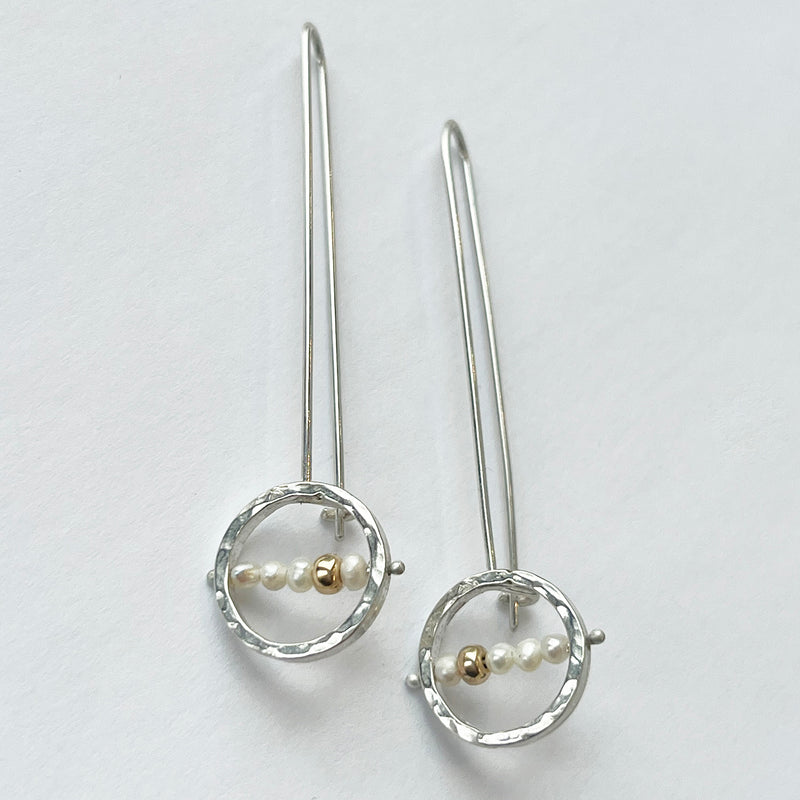 Long silver circle pearl earrings - Petroff Gallery
