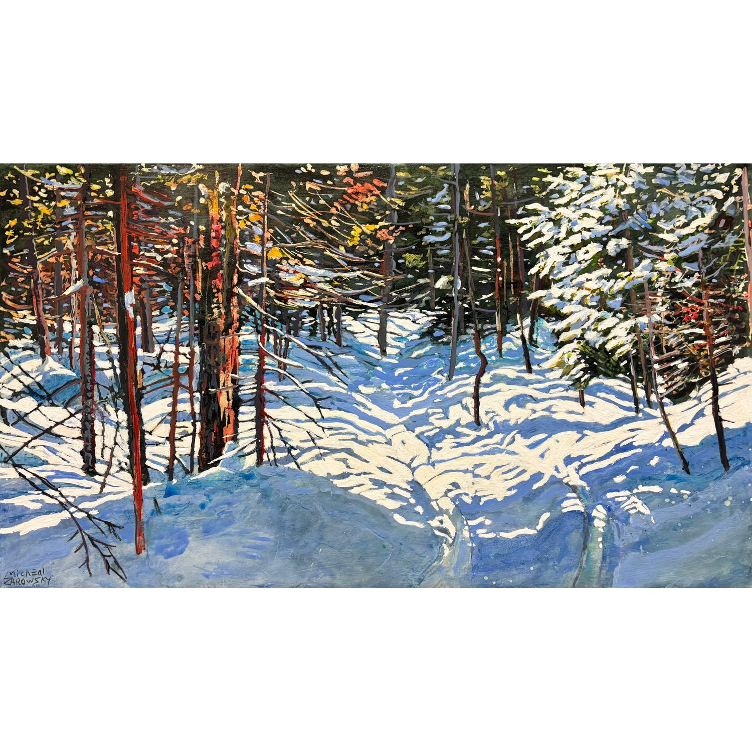 Sunlight Streaming across a Winter Trail  17" x 30" -Petroff Gallery - Paintings 