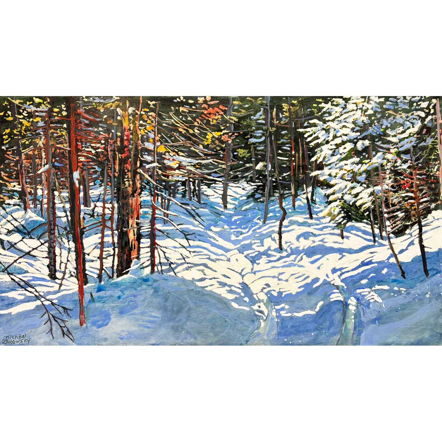 Sunlight Streaming Across A Winter Trail  17" x 30" - Petroff Gallery - Painting
