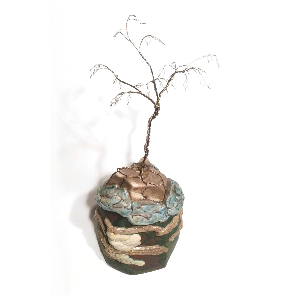 richard & susan surette -green glaze mountain jar with thin silvery tree
